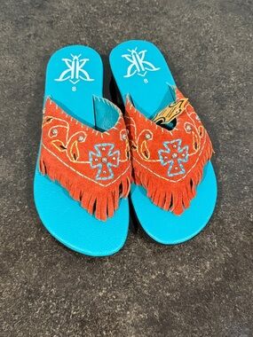 Turquoise Footbed Sandal with Orange Fringe Embroidery and Concho Studs Size 8